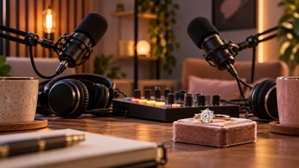 Pierścionek i mikrofon podcastowy symbolizujące rozmowę o zaręczynach