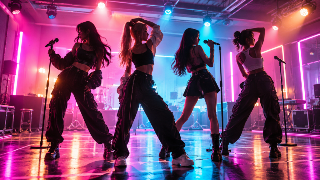 Cztery wokalistki nowego girlsbandu w nowoczesnym studiu