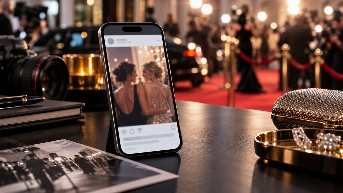 Smartfon z rozmytym przykładowym postem na tle czerwonego dywanu i aparatów fotograficznych.