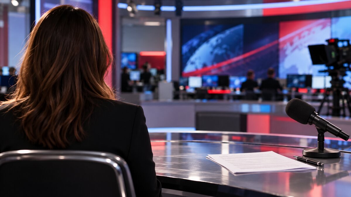Ilustracja przedstawiająca studio telewizyjne z kamerą i mikrofonem